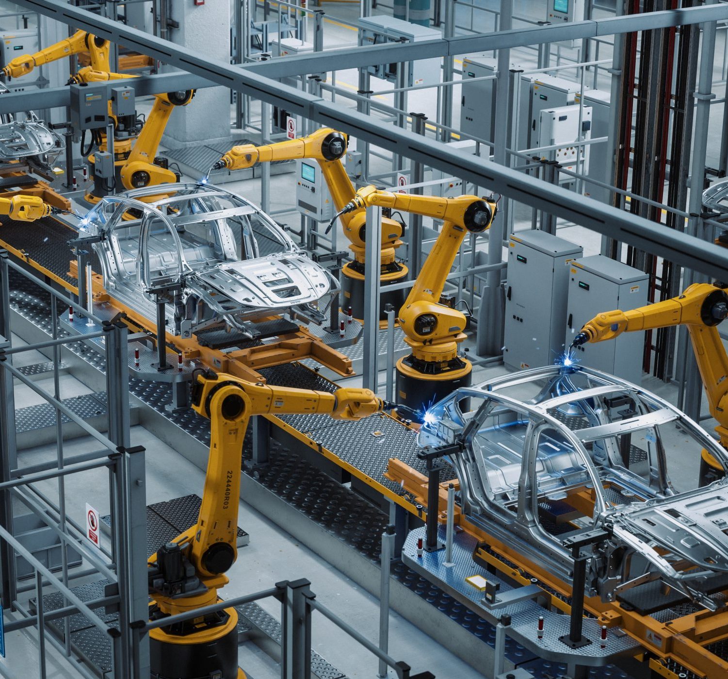 Car Factory 3D Concept: Automated Robot Arm Assembly Line Manufa
