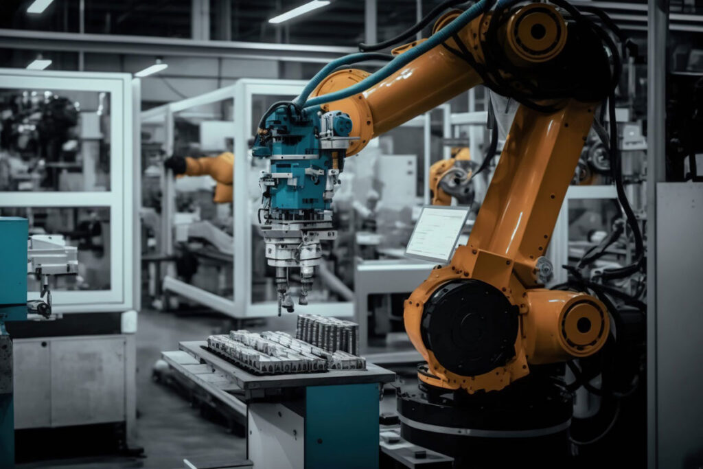 Robotic arm in a factory. Operate OT security services ensure machines like this one are protected long term.