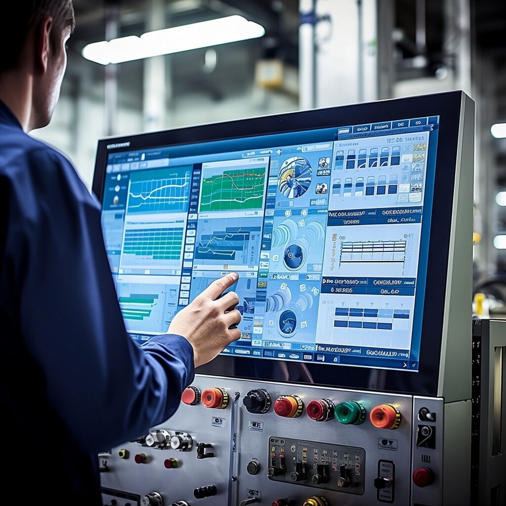 A man in a factory stands before a computer screen showing an industrial dashboard of charts and graphics