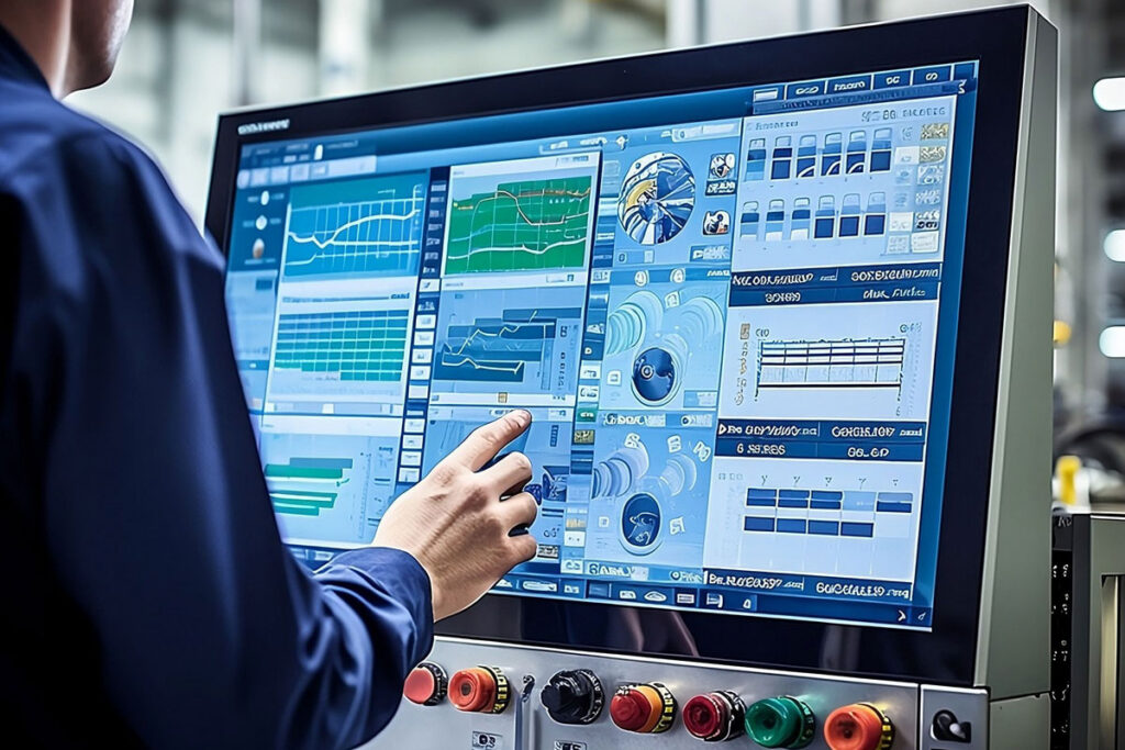 A man in front of a large computer screen in a factory analysing the system to identify what OT security services might be needed