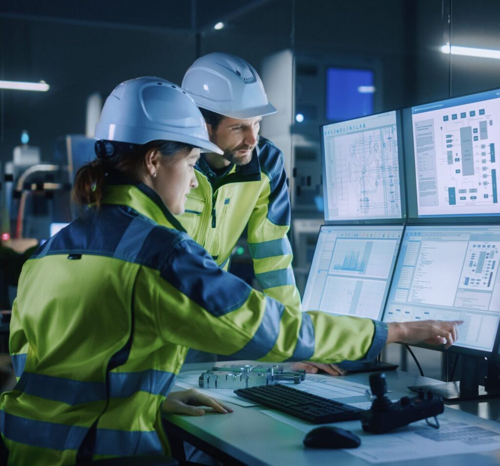 A woman and a man in hi visibility jackets and hard hats look at a computer screen in an industrial environment