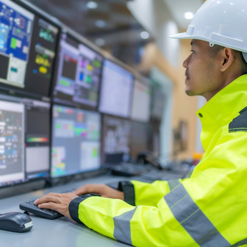 A man in a high-visibility jacket and hard hat sits before a bank of computer screens
