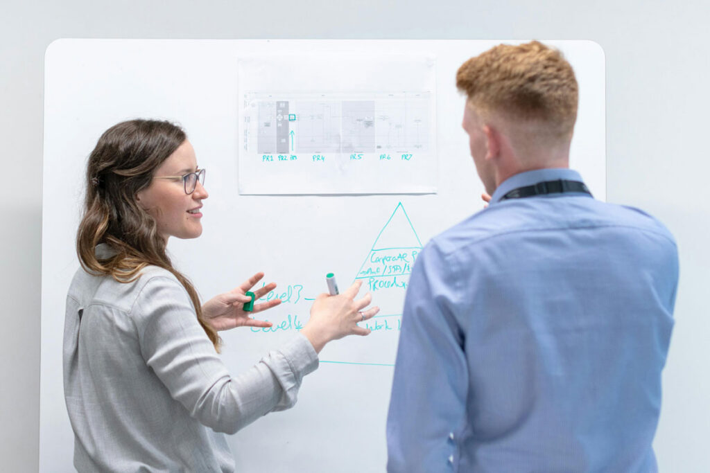 A woman and a man standing in front of a whiteboard discussing the design of OT security services
