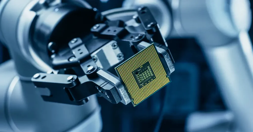A close-up of a robotic arm holding an electronic chip