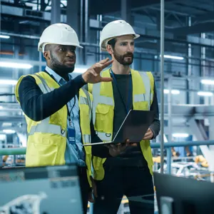 Two men in high-visibility jackets and hard hats stand in an industrial environment holding a laptop and discussing the plant machinery