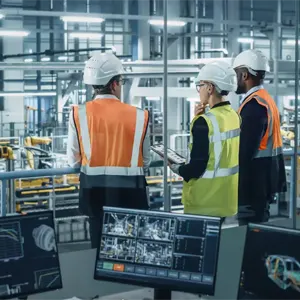 Two men and a woman in hard hats and hi-viz jackets stand with their backs to us looking out over a large manufacturing set-up with robot arms on a production line visible in the background