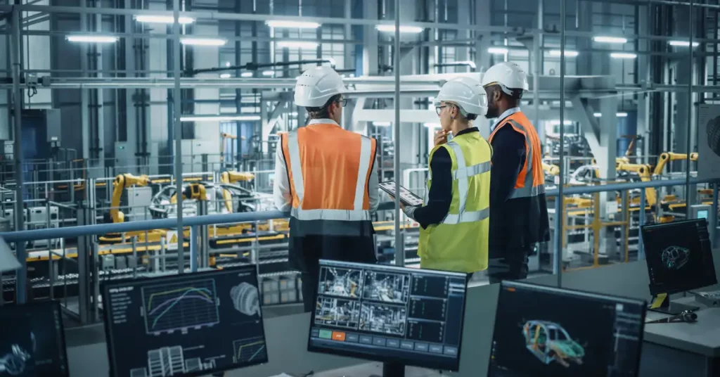 Two men and a woman in hard hats and hi-viz jackets stand with their backs to us looking out over a large manufacturing set-up with robot arms on a production line visible in the background