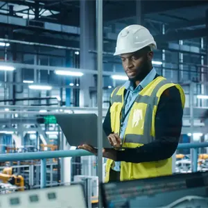 A man in a hard hat and a hi-viz jacket checks something on a laptop with an automated production line in the background