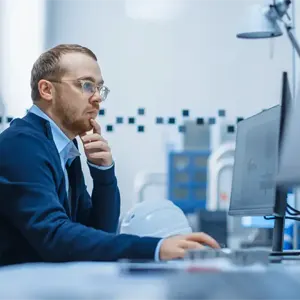 A man wearing glasses and informal work clothes sits in front of a computer