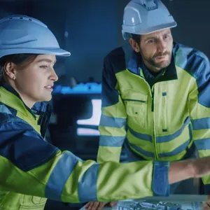 Workers at a computer in a manufacturing environment implementing OT security services