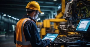 A man wearing a hi-viz jacket and hard hat stands in a factory environment typing on a laptop