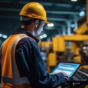 A man wearing a hi-viz jacket and hard hat stands in a factory environment typing on a laptop