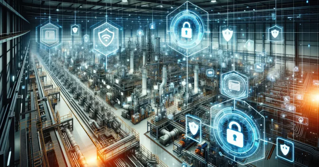 A panoramic shot of a factory floor superimposed with security symbols like padlocks and shields