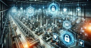 A panoramic shot of a factory floor superimposed with security symbols like padlocks and shields