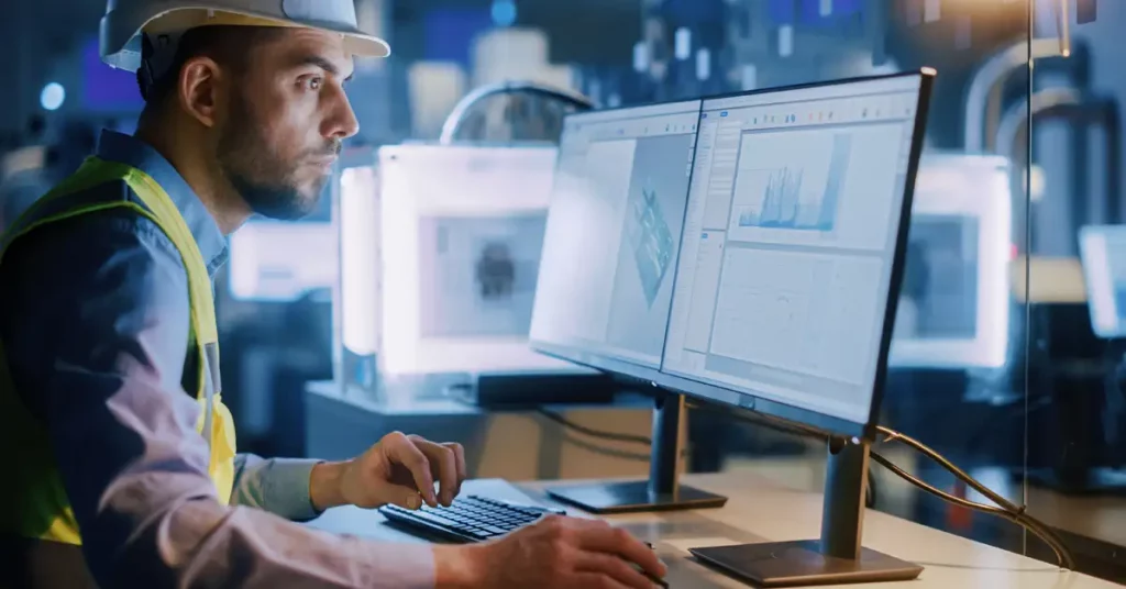 A man wearing a hard hat and a hi-viz jacket sits at a computer with a blurred industrial environment in the background