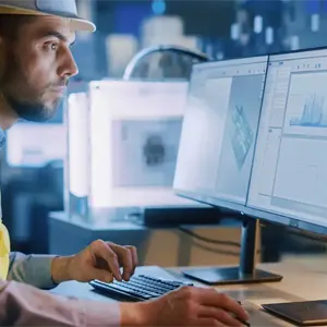 A man wearing a hard hat and a hi-viz jacket sits at a computer with a blurred industrial environment in the background