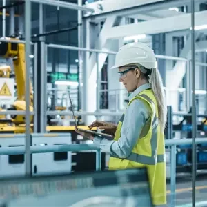 A woman in a white hard hat and yellow hi-viz jacket checks something on a laptop standing in an industrial environment