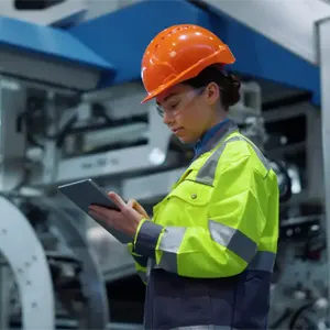 A woman in an orange hard hat and yellow hi-viz jacket checks something on a tablet standing in an industrial environment