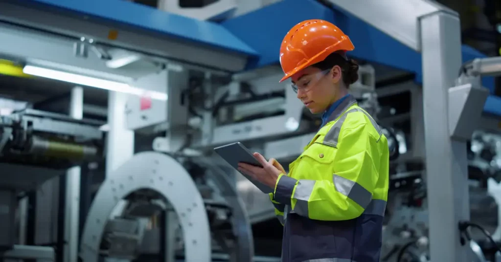 A woman in an orange hard hat and yellow hi-viz jacket checks something on a tablet standing in an industrial environment