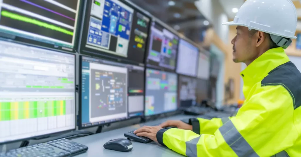 A man in a high-visibility jacket and hard hat sits before a bank of computer screens