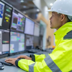 A man in a high-visibility jacket and hard hat sits before a bank of computer screens