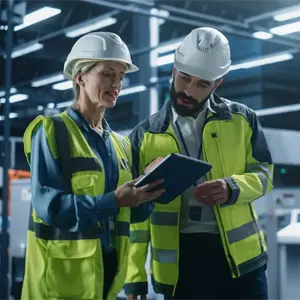 A man and a woman in hard hats and hi-viz jackets check something on a tablet standing in an industrial environment