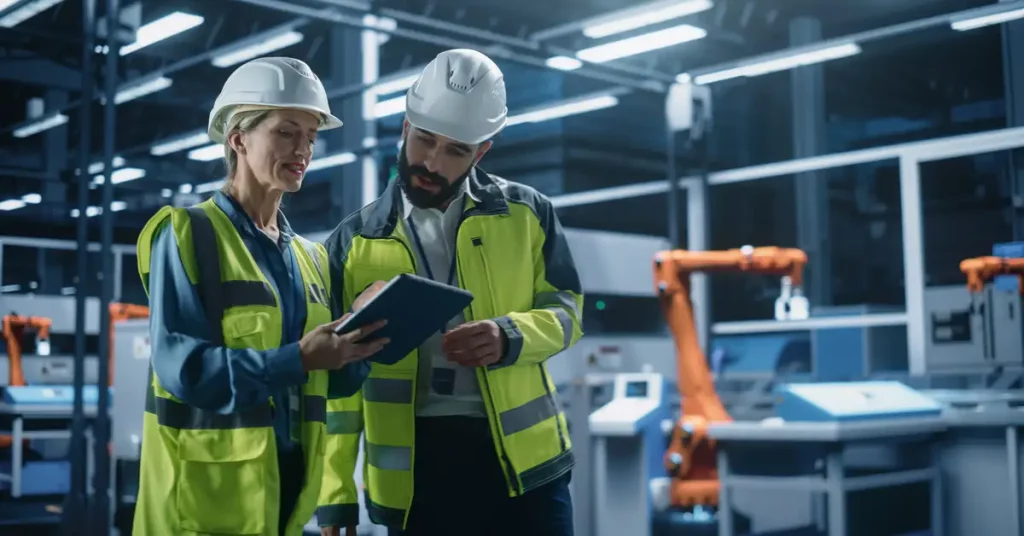 A man and a woman in hard hats and hi-viz jackets check something on a tablet standing in an industrial environment