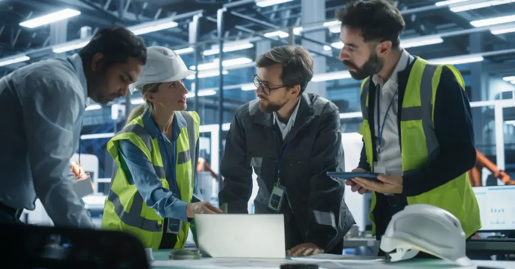 Three men and a woman stand around a laptop talking in an industrial environment