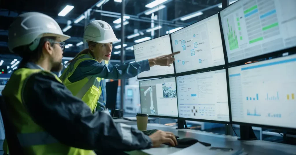 A man and a woman in hard hats and hi-viz jackets discuss data displayed on a bank of computer monitors in an industrial environment