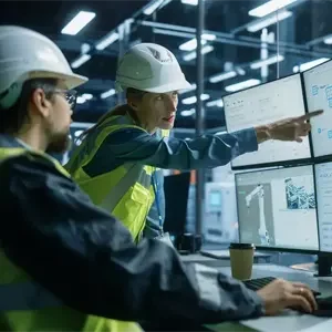 A man and a woman in hard hats and hi-viz jackets discuss data displayed on a bank of computer monitors in an industrial environment