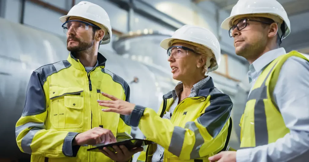 Close up of two men and a woman in hard hats and hi-viz jackets talking in an industrial environment