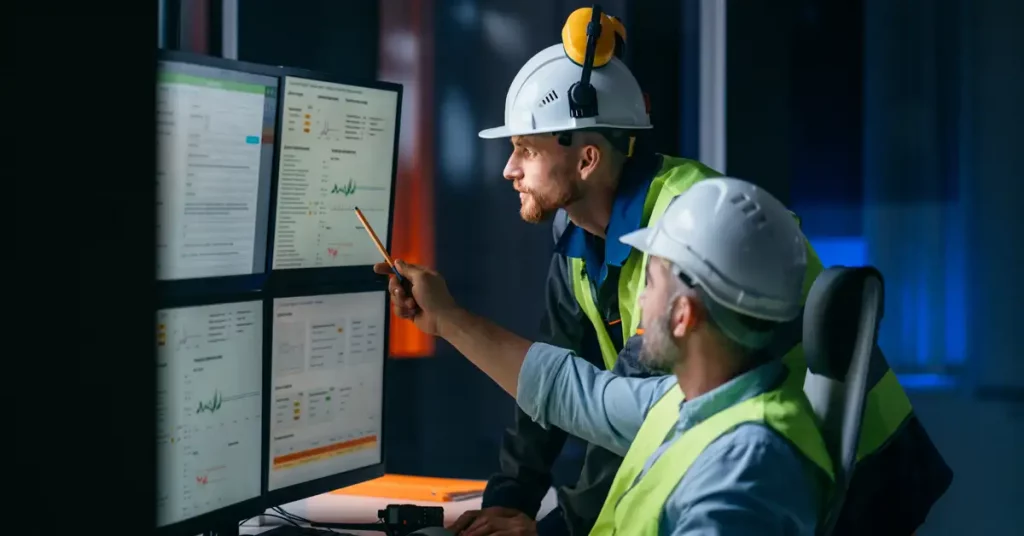 Two men in hard hats and hi-viz jackets discuss data on a bank of computer screens