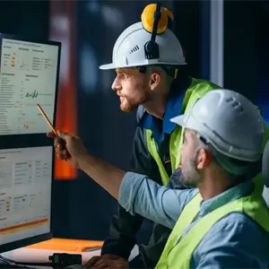 Two men in hard hats and hi-viz jackets discuss data on a bank of computer screens