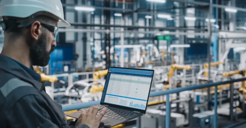 A man wearing a hard hat works on a laptop in an industrial environment