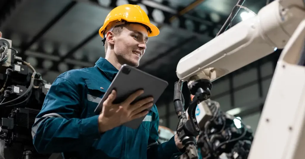 A man in a yellow hard hat holds a tablet in one hand whilst examining a piece of equipment in a factory