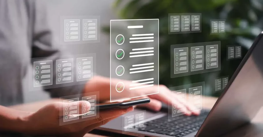 hands typing at a laptop keyboard with check boxes overlaid